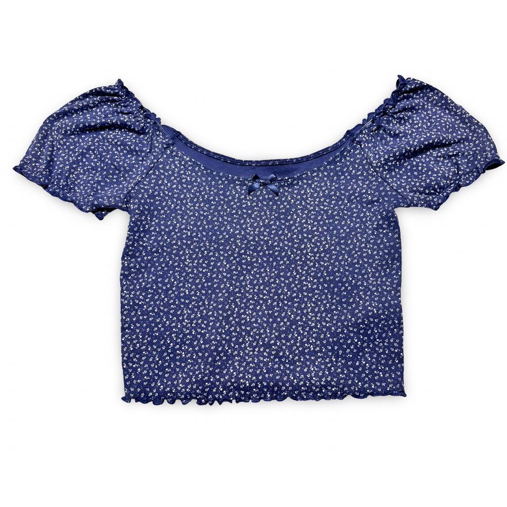 American Eagle Navy Blue Ditsy Floral Puff Sleeve Crop Top Size Small